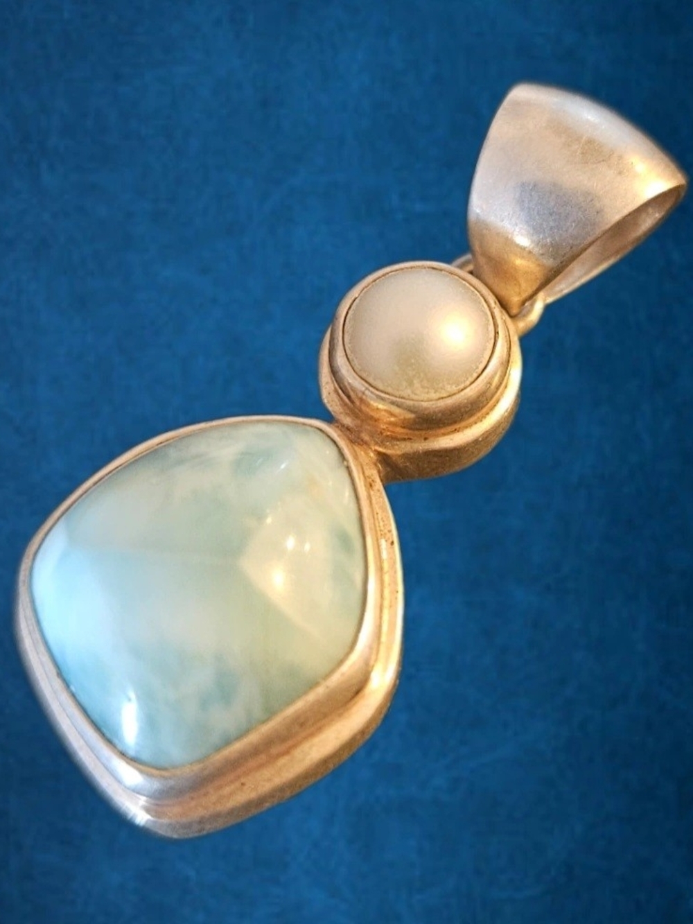Handcrafted .925 Sterling Silver Larimar and Pearl Stacked Pendant – Artisan
